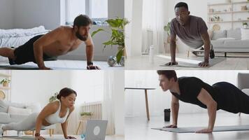 fyra individer av annorlunda bakgrunder delta i armhävningar i en ljus, minimalistisk rum. de upprätthålla fokus medan njuter deras kondition rutiner, highlighting aktiva livsstilar. video
