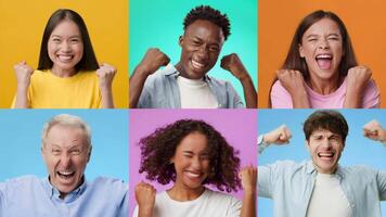 A joyful collage features diverse adults and children celebrating achievements with enthusiastic gestures. Their expressions reflect happiness, triumph, and a sense of community and togetherness. video
