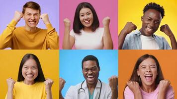 A diverse collection of adults and kids expressing happiness and triumph through cheerful gestures and emotions. Each person showcases excitement, reflecting a shared sense of achievement. video
