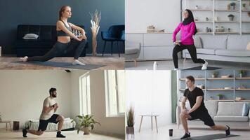 Four individuals demonstrate athletic exercises at home, showcasing flexibility, strength, and healthy lifestyle choices. They represent diversity in fitness routines and environments. video