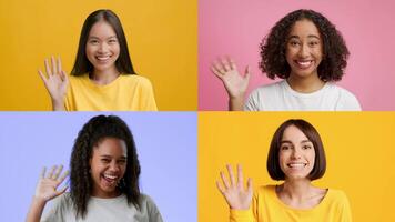A collection of cheerful individuals from diverse backgrounds is captured waving and smiling. Each person expresses joy in their unique way against vibrant colored backgrounds. video