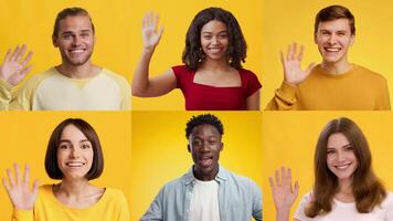 Group of smiling individuals from various backgrounds enthusiastically wave hello in a cheerful setting with a vibrant yellow backdrop, radiating positive energy and warmth. video