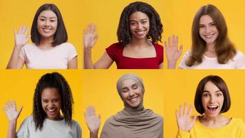 A vibrant collection of cheerful individuals from various backgrounds waving and smiling. Each person expresses warmth and friendliness with a unique gesture, set against a bright yellow background. video