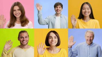 A joyful collection of individuals from different backgrounds waves and smiles, expressing positive emotions. video
