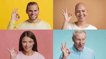 Four people of varied backgrounds display the OK gesture, radiating positivity. Each stands against a bright, colorful backdrop showcasing their diverse lifestyles and expressions. video