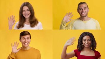 Four people from different backgrounds are joyfully waving their hands to greet others. They display a range of smiles and gestures against a vibrant yellow background, promoting inclusivity. video