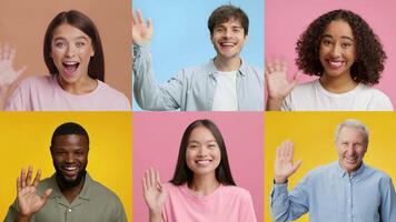 A collage displays six individuals of varying backgrounds and ages, all smiling and waving their hands in a joyful greeting. Their warm expressions convey positivity and connection. video