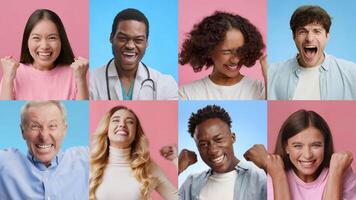 A cheerful group of adults and kids displays a range of happy emotions, celebrating success with gestures of triumph and joy. Their diverse backgrounds highlight unity and excitement. video