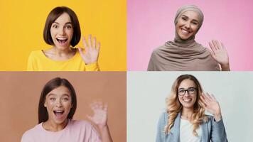 Four cheerful individuals from various backgrounds are smiling and waving in a vibrant, colorful collage. Their friendly gestures convey a warm and welcoming atmosphere. video