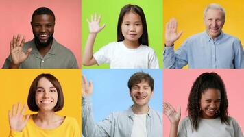 A group of diverse individuals from various backgrounds joyfully greets the viewer by waving their hands. Each person expresses happiness with bright smiles against lively, colorful backdrops. video