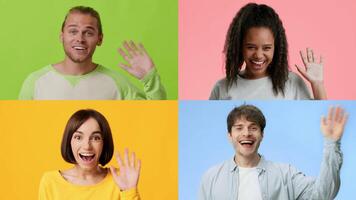 Four people of different backgrounds are joyfully waving and smiling. Each individual is set against a colorful background, expressing a warm greeting. video