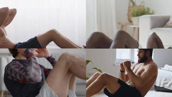 Four athletic individuals perform crunch exercises in different indoor environments. Each person showcases distinct styles, highlighting their commitment to fitness and healthy living. video