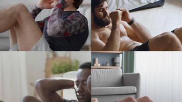 A collection of diverse people engaged in core strengthening exercises in a home environment. Each person is focused and showcasing their commitment to fitness and a healthy lifestyle. video