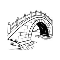 A black and white drawing of a bridge over a river vector