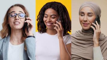 Three women of different backgrounds are smiling while talking on their phones. They are dressed casually and convey a sense of connection and joy in their expressions. video