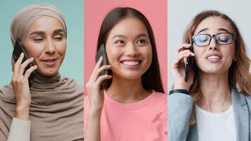 Three women are smiling while talking on their mobile phones, each styled differently. They showcase diversity in attire, highlighting a friendly and energetic atmosphere. video
