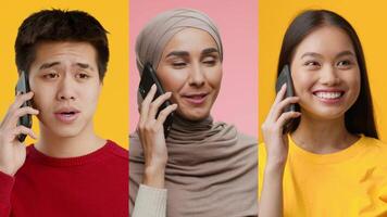 Three young adults are happily talking on their mobile phones, with each person set against bright and colorful backgrounds. Their expressions reflect engagement and joy during the calls. video