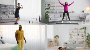 A collection of athletic individuals performing different workouts in a bright indoor setting. video