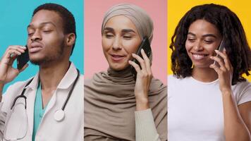 Three people, each in different attire, are talking on their phones. Their expressions convey engagement, with vibrant backgrounds enhancing their diversity and interaction. video