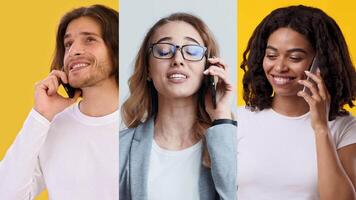 Three people of different backgrounds are having phone conversations, smiling and engaging with the call. The vibrant background adds a cheerful atmosphere to the scene. video