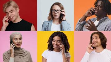 A diverse collection of men and women from various backgrounds are seen using smartphones. They express different emotions while talking, highlighting modern communication in everyday life. video