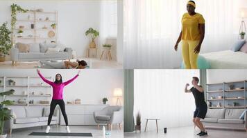 A collection of individuals participating in diverse workout sessions at home. They demonstrate different exercises, showcasing an active and healthy lifestyle in a bright, inviting environment. video