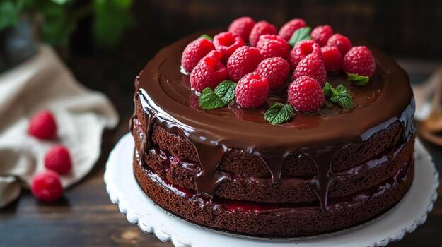 Decadent Chocolate Raspberry Layer Cake with Drizzled Chocolate photo