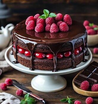 Decadent Chocolate Raspberry Cake with Drizzled Chocolate Glaze photo