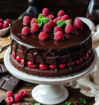 Decadent Chocolate Raspberry Cake with Drizzled Chocolate photo