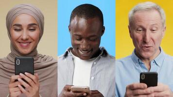 A group of three individuals, each from different backgrounds, smiles and interacts with their smartphones, showcasing the universal appeal of technology in a vibrant setting. video