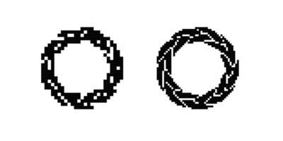 Pixelated circular designs with open centers and geometric arrangements in black and white vector