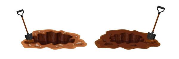 Two shovels in dirt show digging progress with different soil in cartoon drawing vector