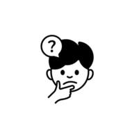 Facial expression of confusion. man pondering a question with hand on chin and question mark vector