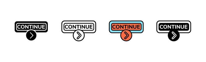 Various continue button designs with arrows in different styles and colors displayed in a row vector