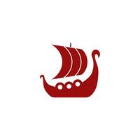 Red Viking ship icon with sails and shields for Nordic themes. vector