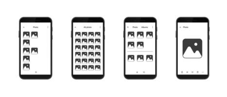 Mobile interface displaying different photo gallery layouts on smartphone screens vector