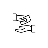 Hand passing a card to another hand in simple black and white design symbolizing transaction vector