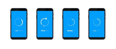 Four smartphones show different loading screens with blue background and progress indicators vector