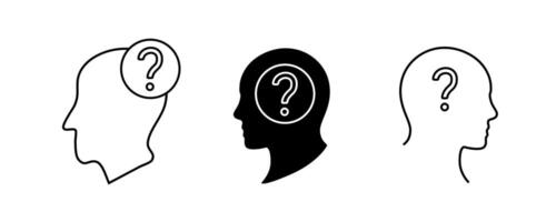 Three silhouettes with question marks symbolizing thought and uncertainty vector