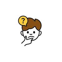 Puzzled cartoon character with hand on chin and yellow question mark above head vector