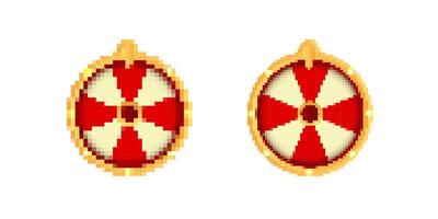 Pixelated and smooth red and white circular shields with golden edges vector