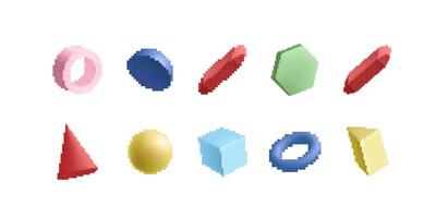 Ten colorful geometric shapes with pixelated style on white display vector