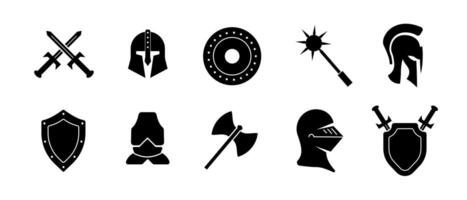 Black warrior icon with helmet, sword, and shield for chivalry and battle. vector