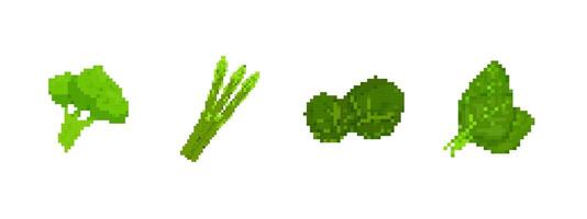 Pixel art vegetables of lettuce, asparagus, brussels sprouts, and spinach displayed in a row vector