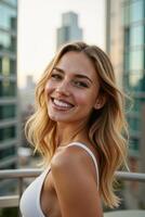 A cheerful woman with an inviting, happy expression, looking at the camera photo