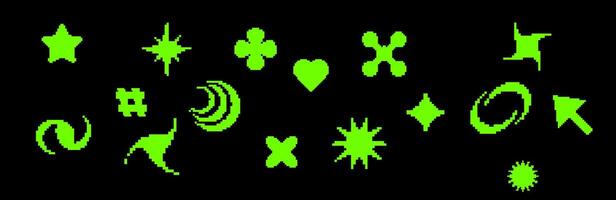 Retro pixel elements with hearts, arrows, and computer graphics. vector