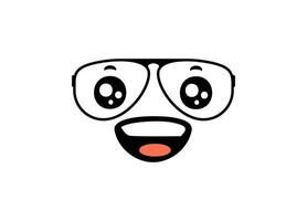 Cartoon face with big happy eyes and glasses smiling brightly with joyful expression vector