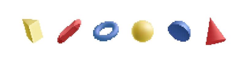 Pixel art shapes with colorful geometric 3d objects in different colors and sizes vector
