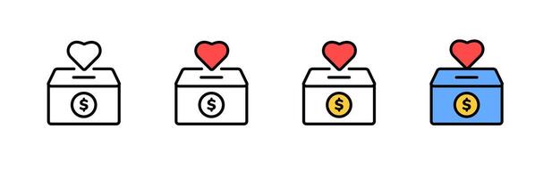 Charity donation boxes with heart symbols and coin icons in four different color variations vector