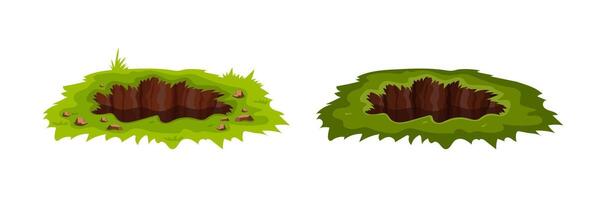 Two cartoon grass-covered holes in earth with rocks and brown soil vector